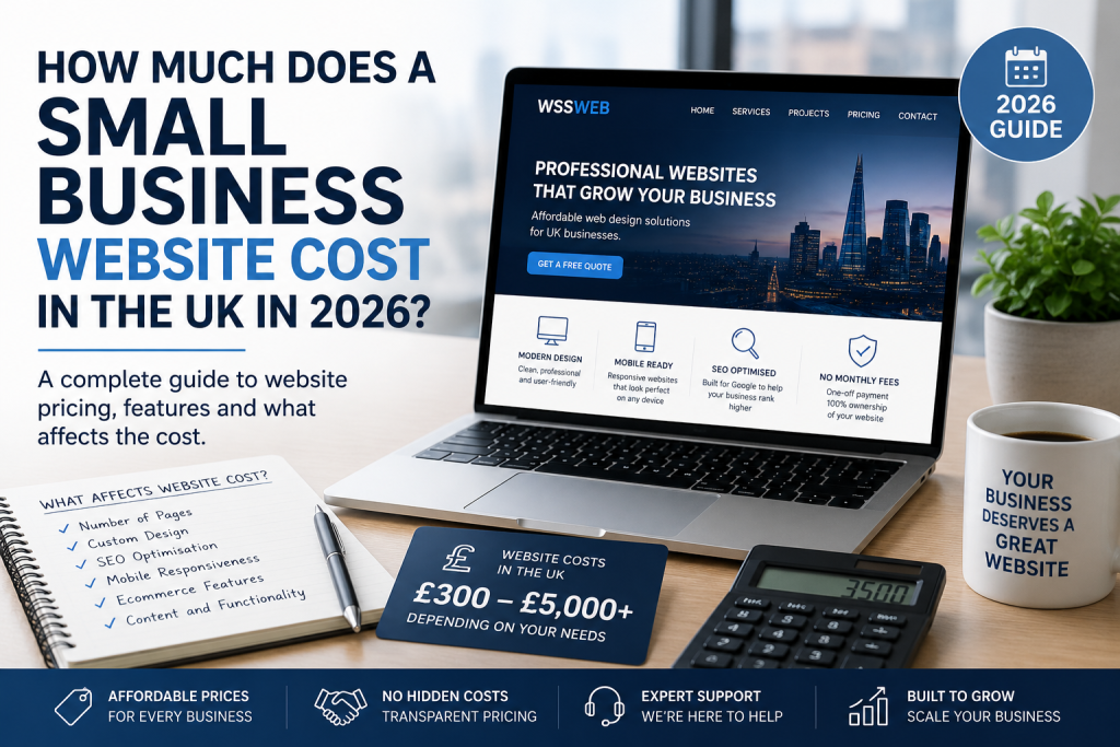 Small business website cost UK 2026 guide showing professional website pricing, SEO features and web design services