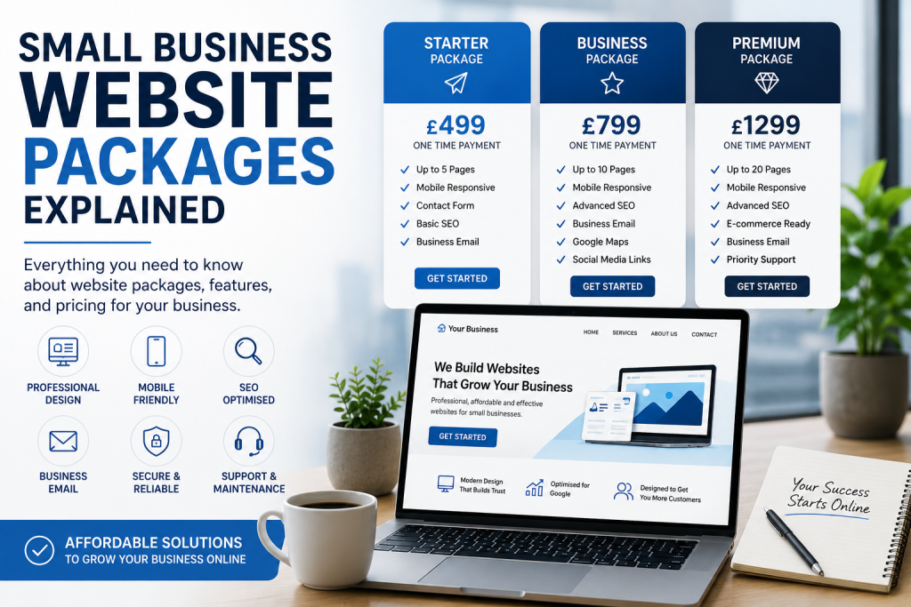 Small business website packages explained showing website pricing, SEO features and professional web design solutions in the UK