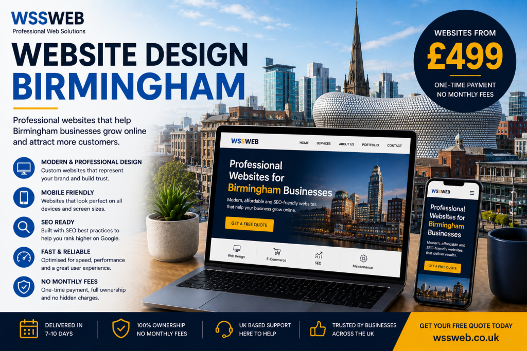 Professional website design services in Birmingham UK with custom business websites from £499 and no monthly fees.